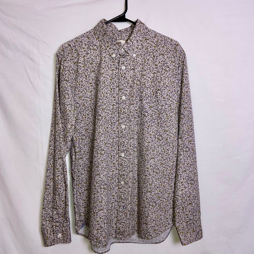 Gap Mens Long Sleeve Button Down Shirt Tan w/Yellow & White Floral Print   XL